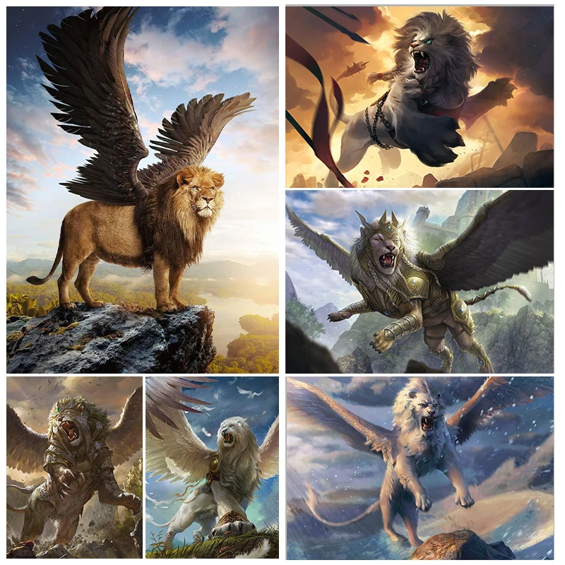 

YOUQU DIY5d Diamond Painting Animal Full Circle Resin Mosaic Diamond Flying Lion Embroidery Picture Home Decoration Gift