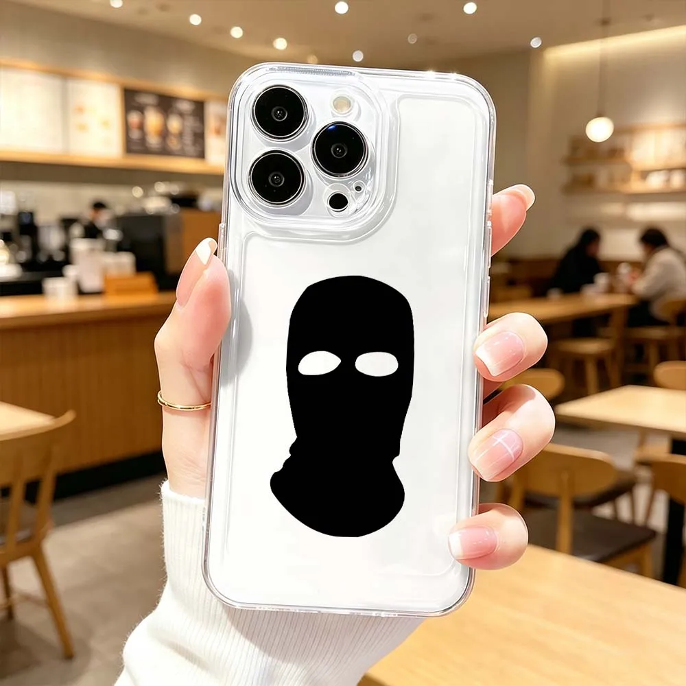 Фото Чехол для телефона в виде черной балаклавы для Apple iPhone 17 Air 16 15 14 13 12 11 Pro Plus Max, прозрачный защитный чехол. №5
