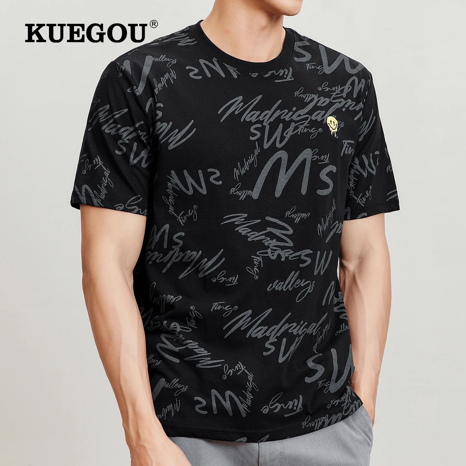

KUEGOU 2022 Summer New Men's T-shirt Letter Print Smiling Face 100% Cotton Black Fashion Tthirt Short Sleeve Top Plus Size 55031