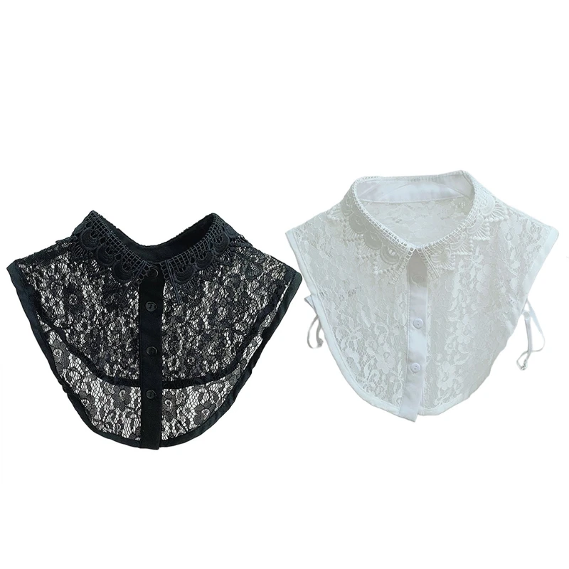

Women Hollow Out Floral Lace High Low Curved Hem False Fake Collar Button Down Adjustable Sweater Decorative Lapel Drop Shipping
