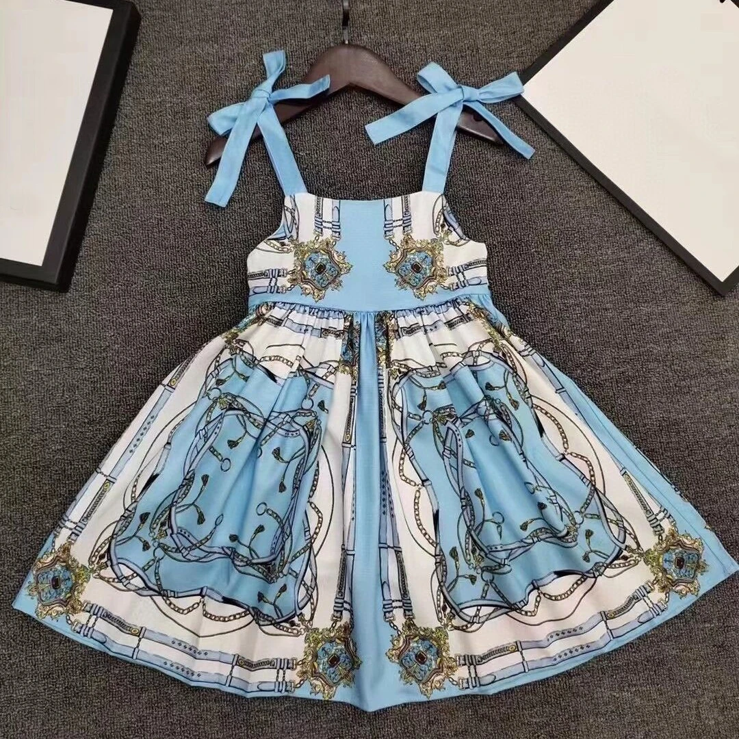 

2023 new style wholesale Top Brand Summer Sleeveless Girls blue Sling Flower Cotton Dress 2-12Y