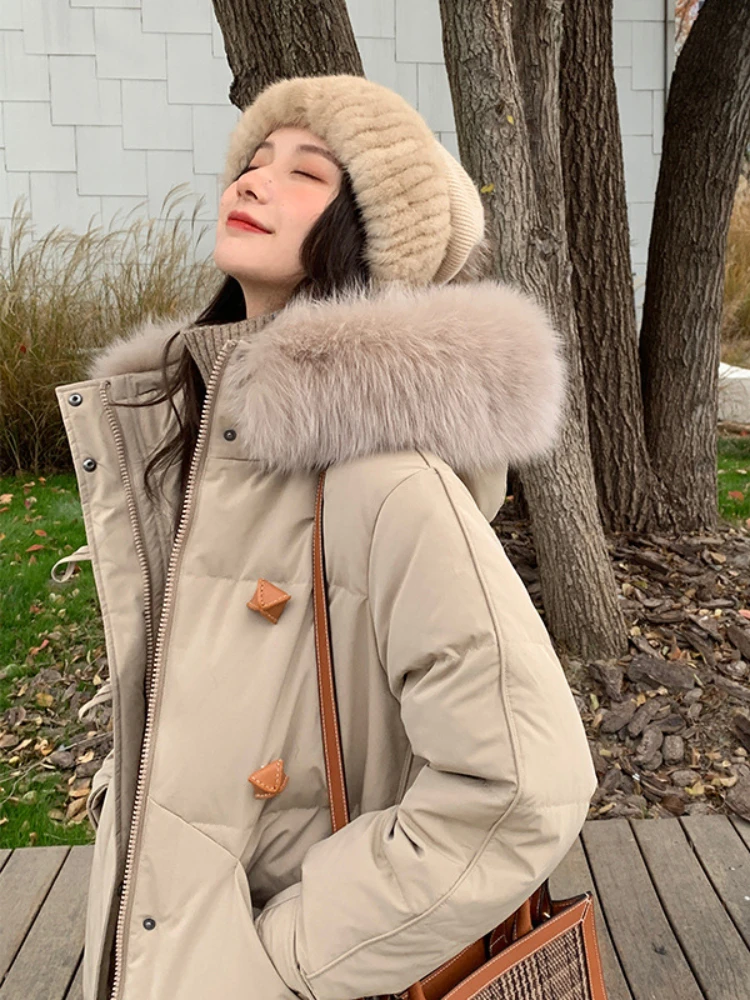 

Женское Свободное пальто с капюшоном OFTBUY, белое повседневное плотное пальто на утином пуху с натуральным лисьим мехом, зима 2022