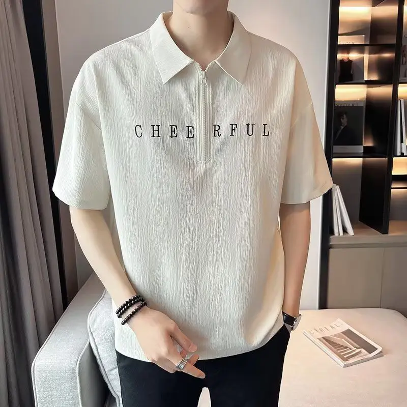 

2023 Men's Clothing Fashion Casual Turn-down Collar Man Printing Letter Simplicity Handsome Zipper Loose Short Sleeve T-Shirts