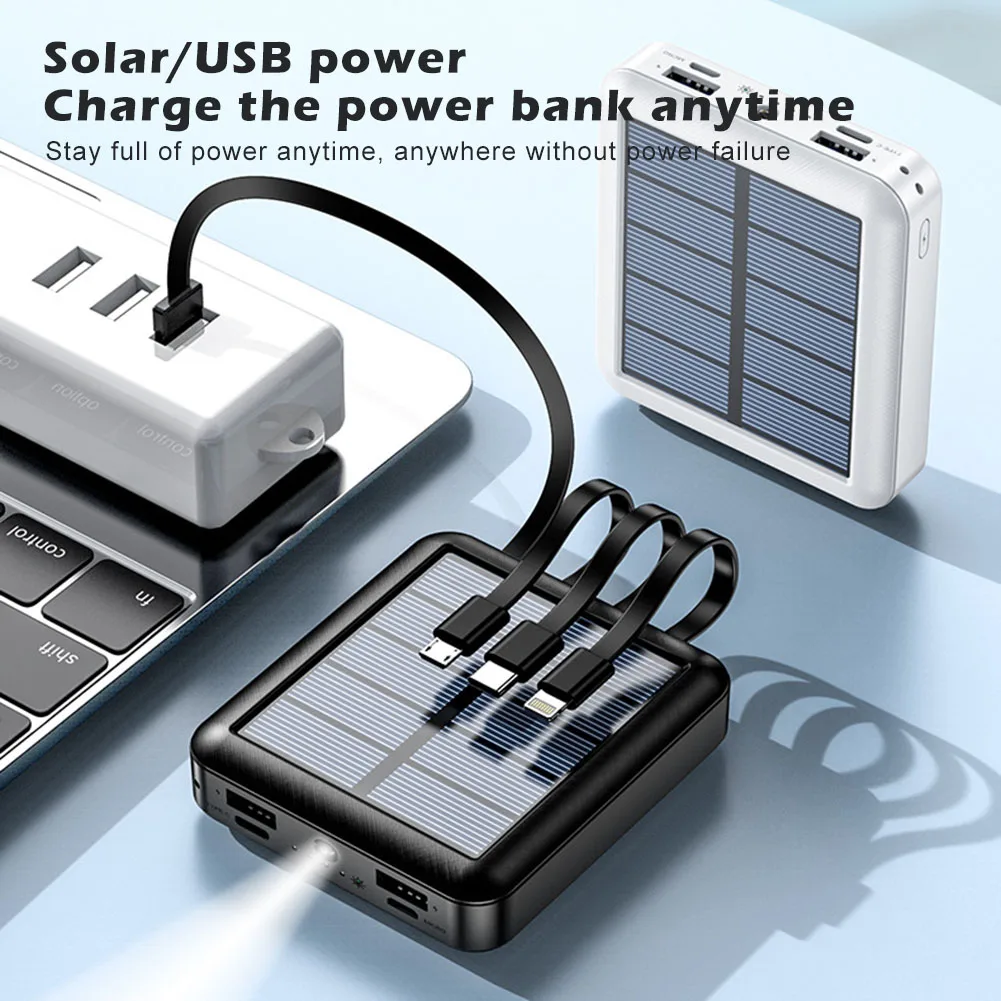 

Solar Power Bank 20000mAh Portable Charger for Mobile Phone Heating Vest Jacket Built-in Cable Fast Charging with LED Lamp
