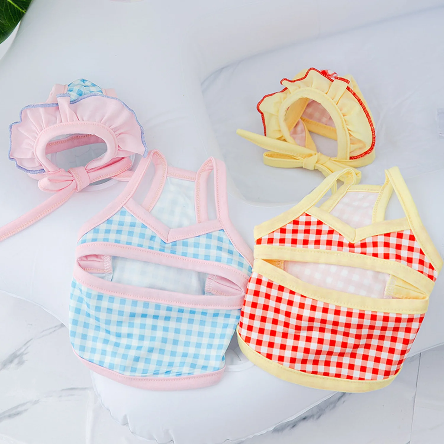 

Summer Pet Plaid Swimsuit Light and Breathable with Swimming Cap One-piece Sling Small Dog Cat Fashion Comfortable Vest
