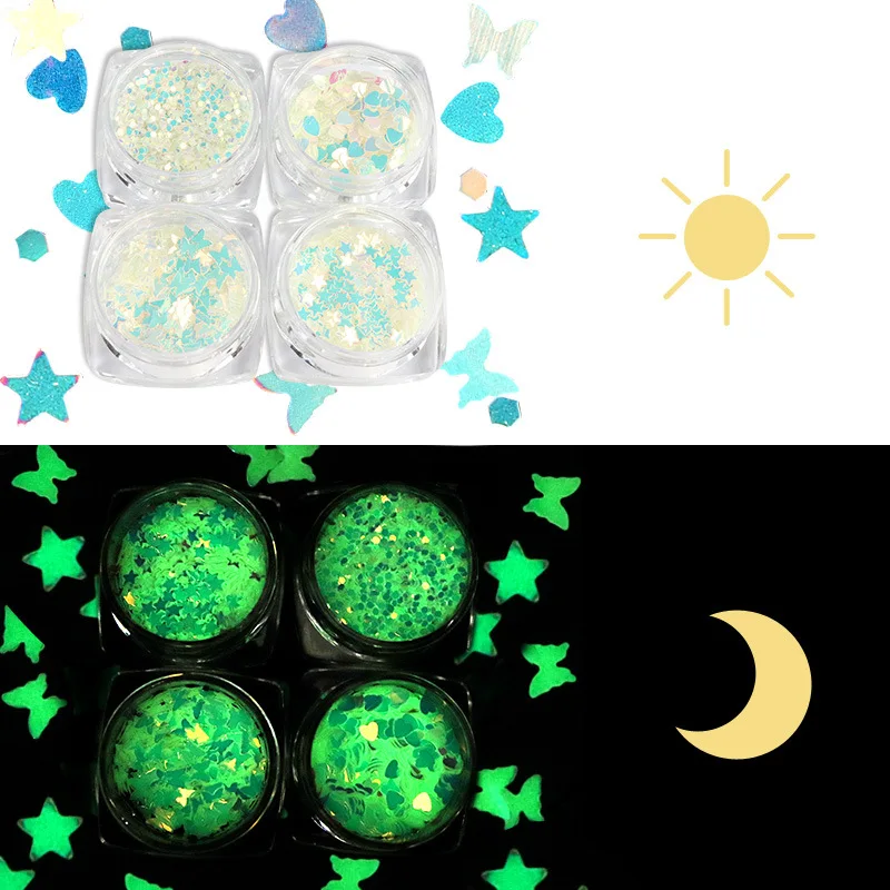 

1 Bottle Luminous Butterfly Love Heart Nail Sequins 3D Stamping Glitter Used for Nail Creation Charm Design Decoration