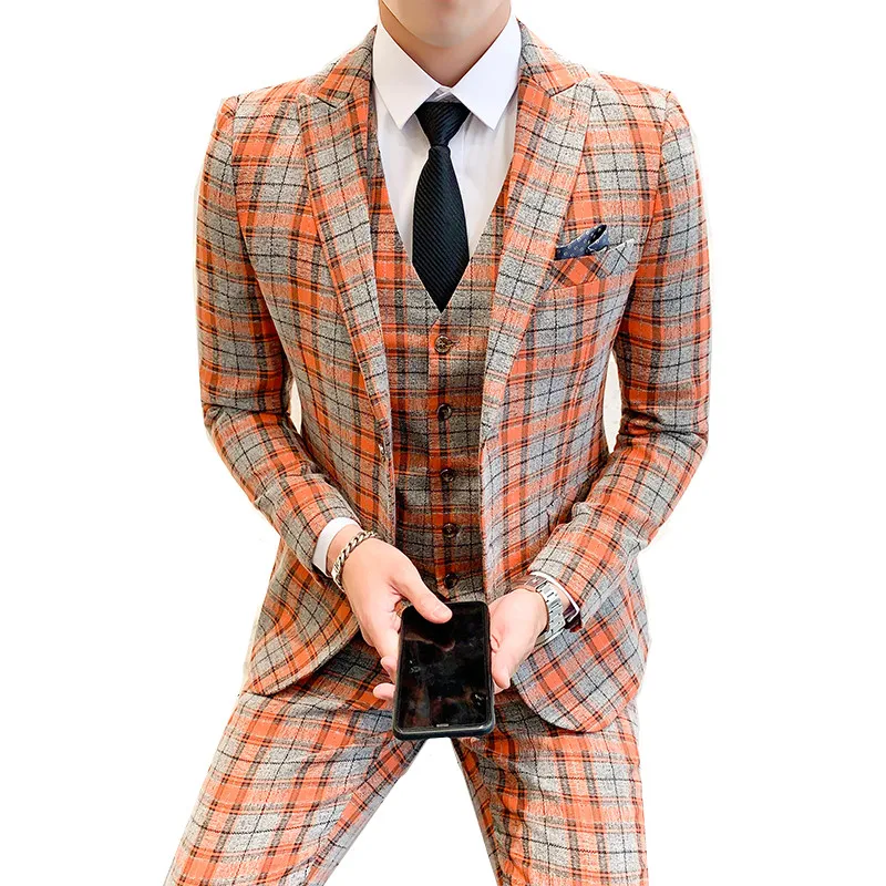 

( Jacket + Vest + Pants ) Boutique Fashion Mens Plaid Casual Business Suit High-end Social Formal Suit 3 Pcs Set Groom Wedding