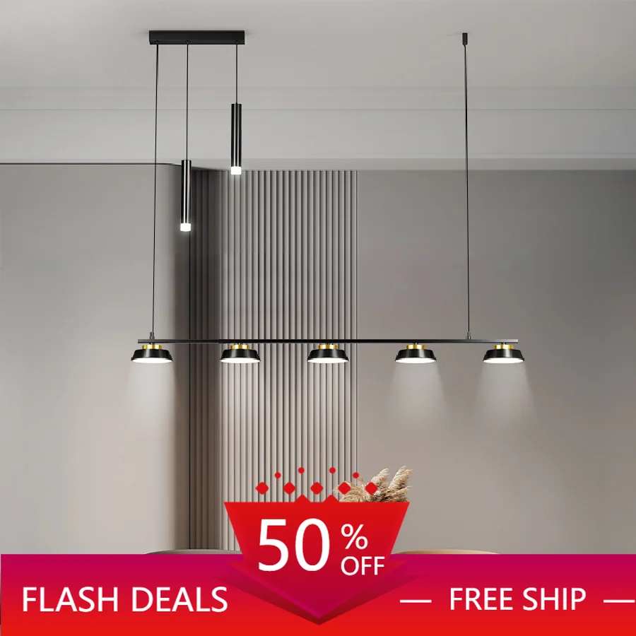 

Modern Led Chandelier For Dining Room With Spotlight Kitchen Long Table Black Ceiling Hanging Pendant Lamp Neutral Light Decor