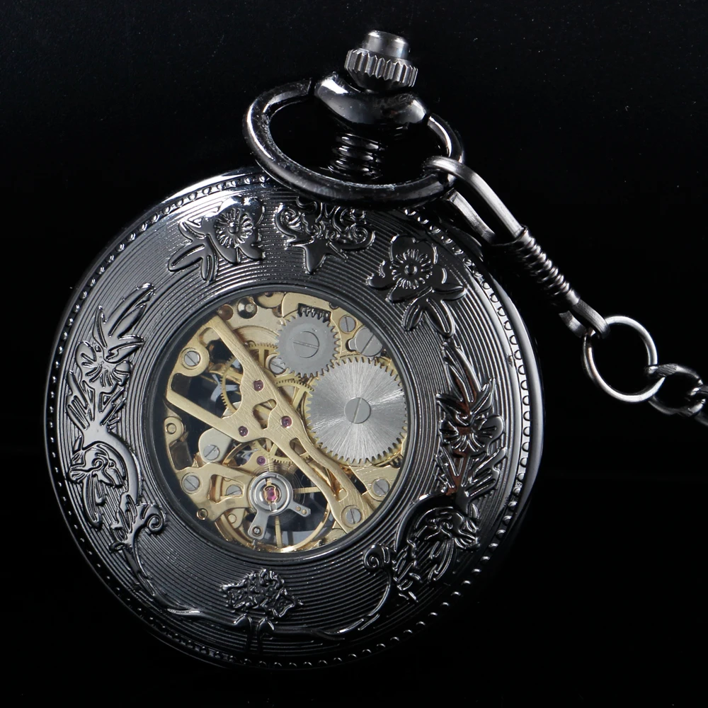 Black Hollow Exquisite Time Gear Steampunk Mechanical Pocket Watch Retro Gentleman Analog Signal Clock Lady Jewelry Gift