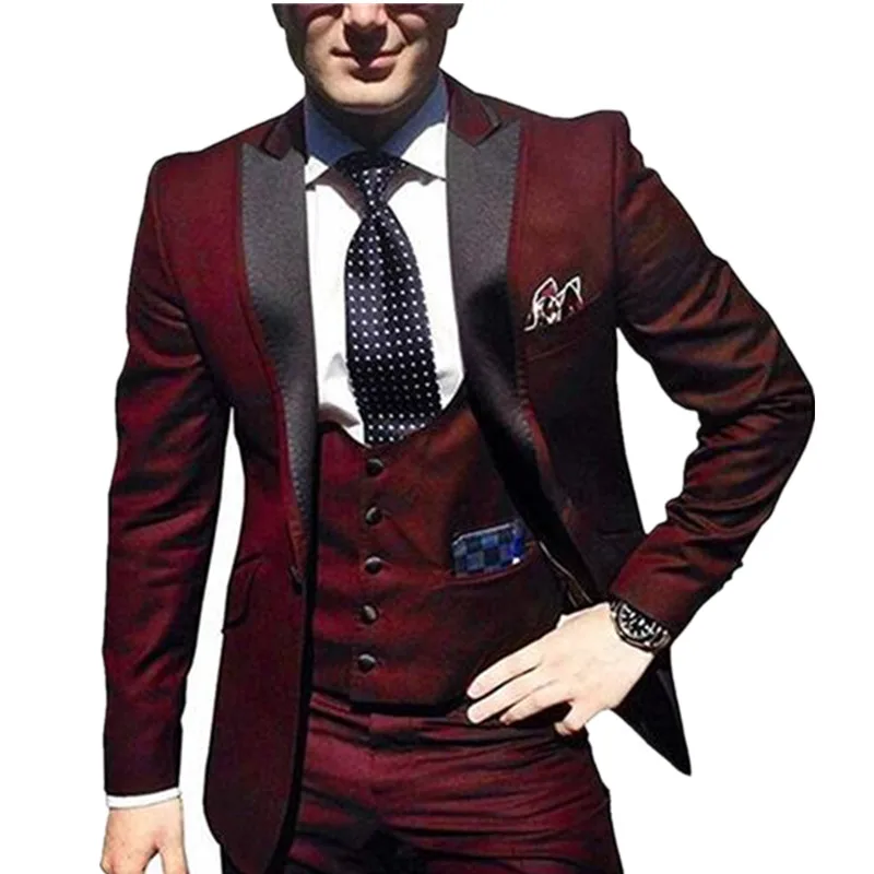 

Customize Groom Tuxedos Burgundy Men's Suit Jacket Blazers Halloween Costume Elegant For Luxury Man Suit's For Wedding 109