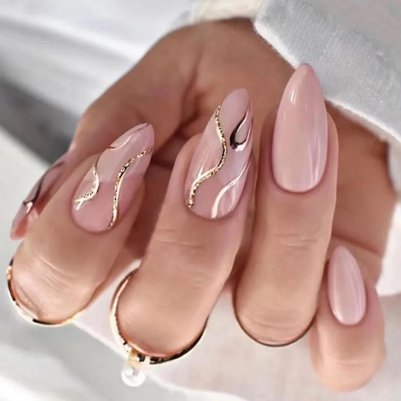 24Pcs Pink Almond False Nails Shiny Golden Ripples Stiletto Fake Nails Detachable Oval Full Cover Press on Nails Tips Manicure 2