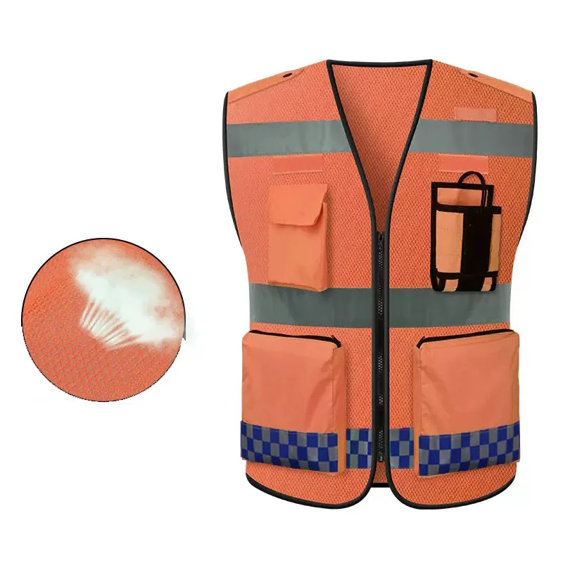 Фото Оранжевый защитный жилет с отражающими полосками, жилет Hi Viz Vis с карманами, светоотражающий защитный жилет для работы №2
