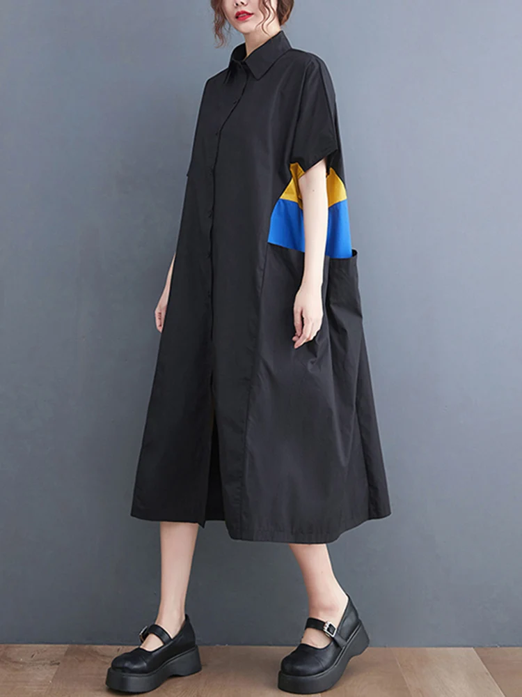 Женское винтажное платье-рубашка в горошек черное свободное повседневное