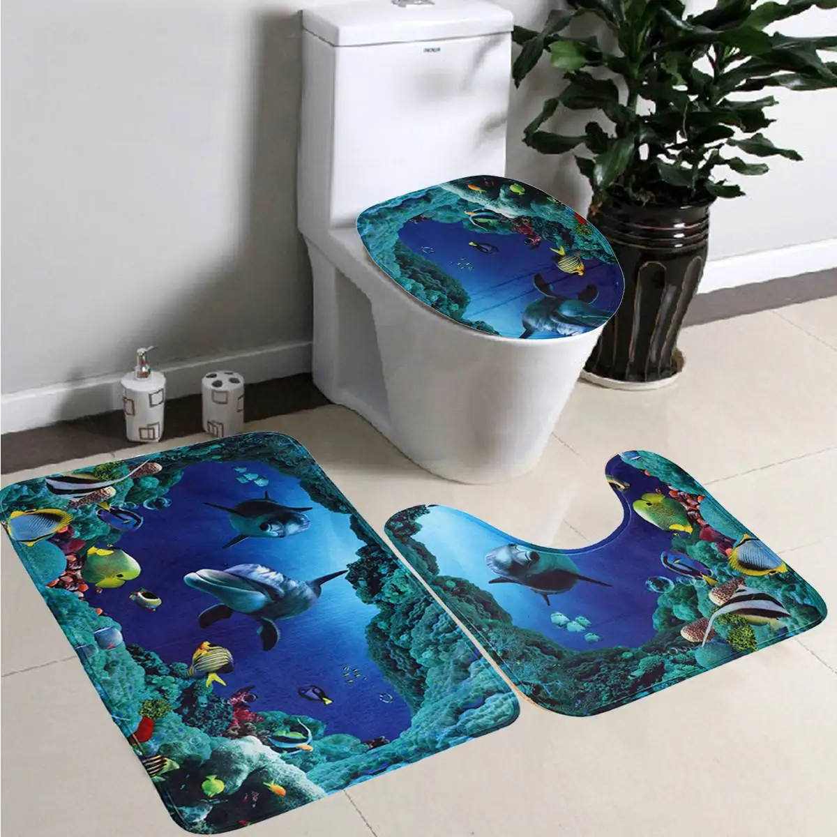 

3PCS Mat Bathroom Pedestal Rug Lid Toilet Cover Ocean Blue Sea Dolphin Waterproof Bathroom Non-Slip Rug Set Bath Decor