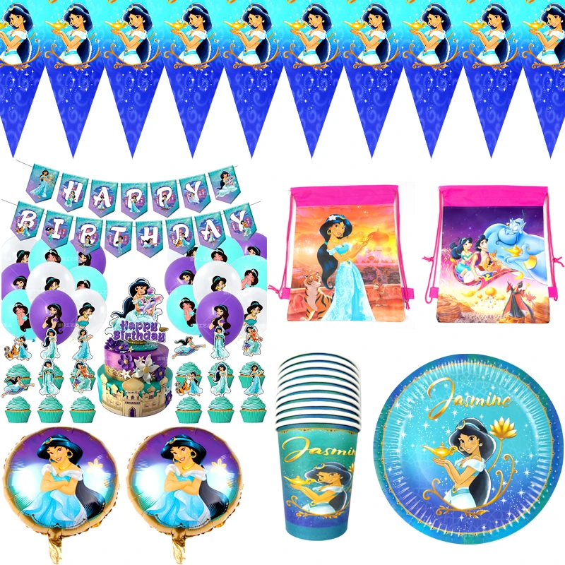 

Aladdin Magic Lamp Theme Decorate Drawstring Loot Bags Plates Cups Happy Birthday Party Jasmine Princess Banner Foil Balloons
