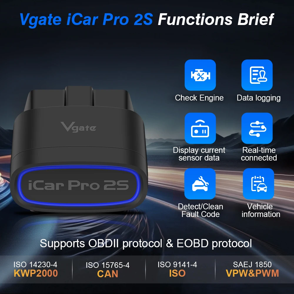 Фото Vgate ICar Pro 2S ELM327 V2.3 BT5.3 Беспроводной сканер OBD2 для диагностики автомобилей с поддержкой диагностики электромобилей №2