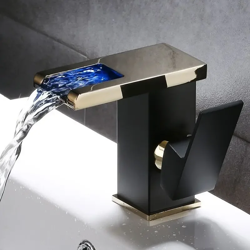 

Black Gold Waterfall Faucet Led Color Changing American Wash Basin Table Basin Bathroom Cabinet Hot and Cold Single Hole
