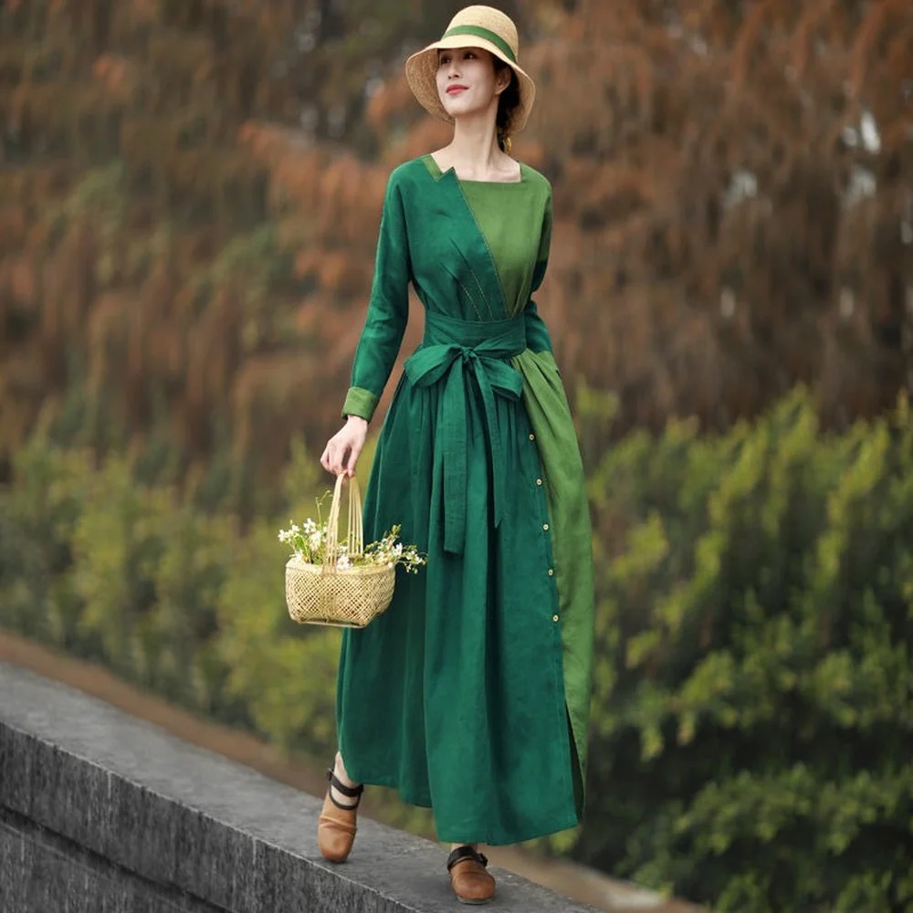 

Женское винтажное льняное платье с длинным рукавом, длинным поясом