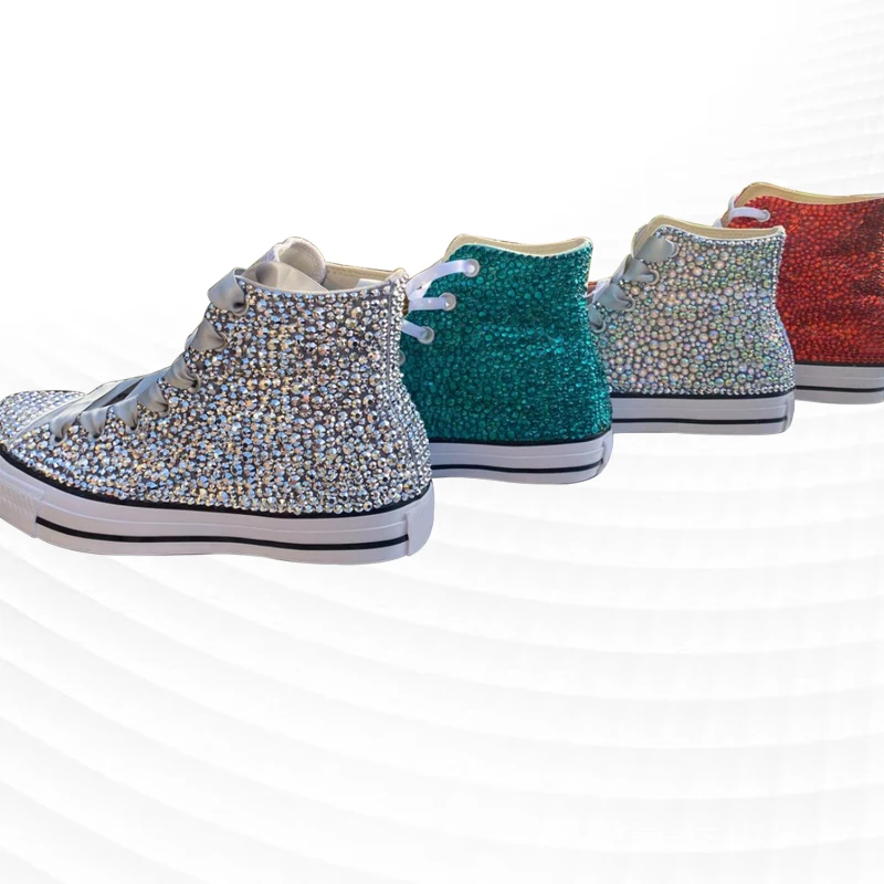 

High-top red and blue rhinestone canvas shoes youthful and comfortable street shooting handmade rhinestone vulcanized shoes35-46