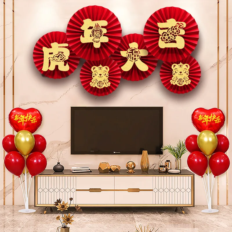 

Красный китайский новогодний декор, бумажный веер, украшение для вечевечерние НКИ счастливого 2022 года тигра, красный круглый бумажный веер,...