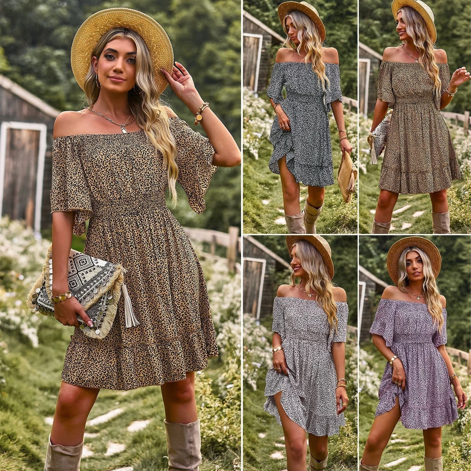 

Casual elegant slim sexy 2023 new dress,spring and summer fashion new leopard print A-line skirt casual style one-shoulder women