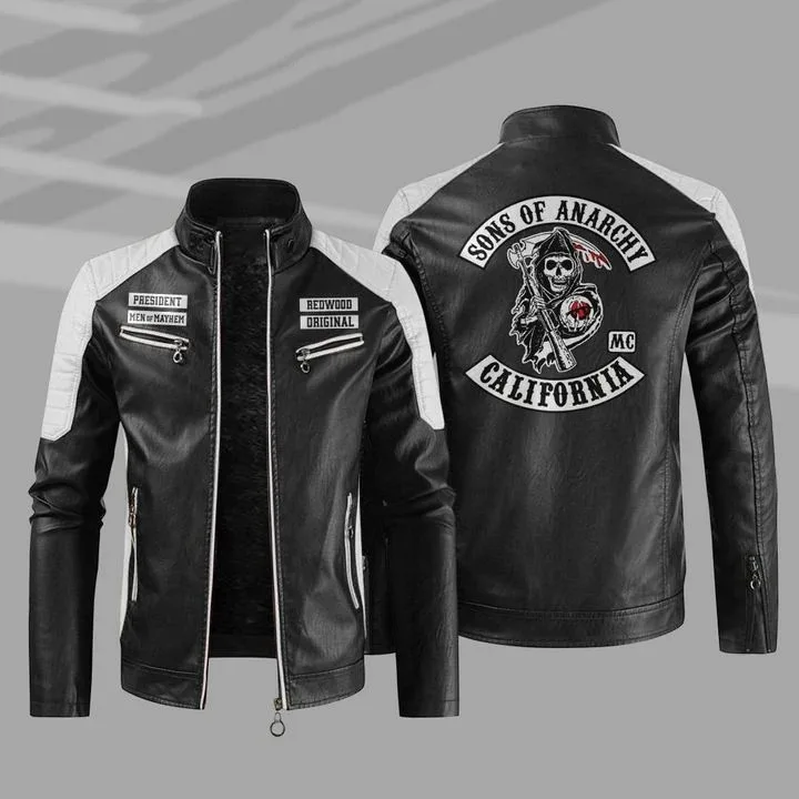 

New Men's PU Leather Winter Sons Of Anarchy Logo Fashion Motorcycle Bomber Zipper Jacket Outwear Keep Warm Male Coat