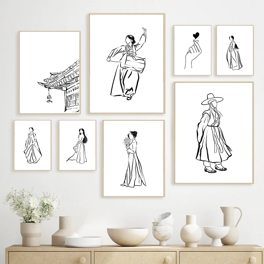 Корейское платье Aodai Hanbok Girl Line азиатская настенная Картина на холсте