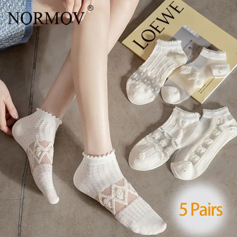 

NORMOV 5 Pairs/Lot Summer Short Women White Socks Low Tube Cool Socks Set Cute Print Ankle Foot Cover Fashion New Kawaii Sock