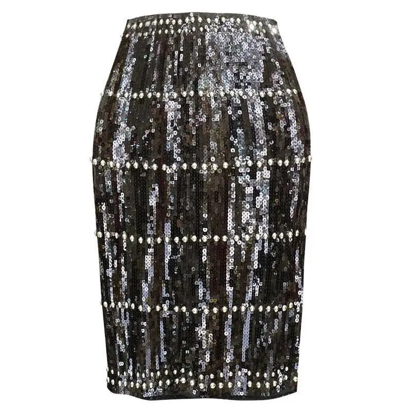 

Women Vintage Sequined Middle Skirt Sequins Beading Bodycon rivet Skirt black bling Empire Sheath Summer Auturn Skirt Shiny