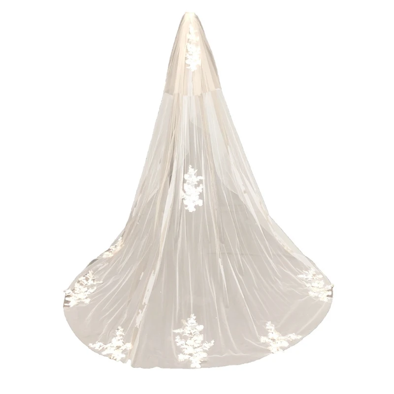 

2-Tier Bridal Veil with Comb Wedding Hair Accessories for Brides Chapel Veil Lace Applique Cathedral Length Pencil Edge