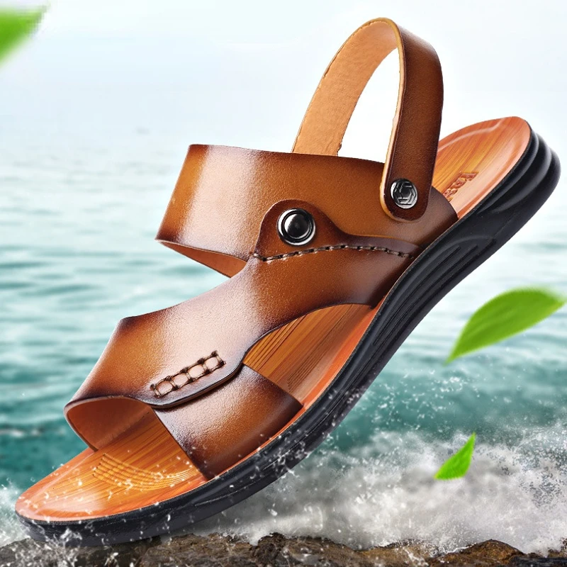 

Сандалии для мужчин уличные кожаные летние мужские туфли из искусственной кожи Нескользящие пляжные сандалии без шнурков дорожные тапочки...
