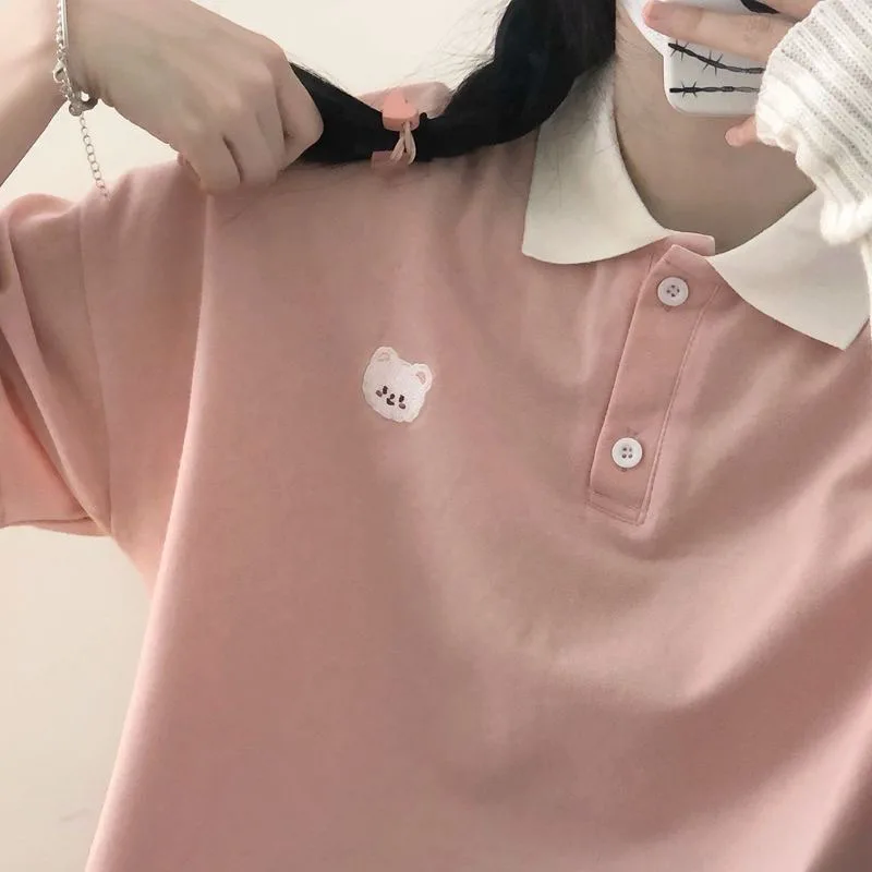 

Bear Embroidery Polo Shirts Female Women Cotton Tshirt Short Sleeve Kawaii Cute T-shirt Vintage Loose Oversized T shirt Teens