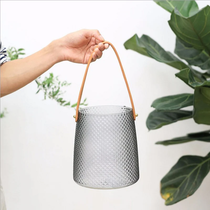 

Nordic Glass Storage Bottle With Leather Handle Simple Scandinavian Desk Storage Jar Organizer Flower Food Container Decor Home