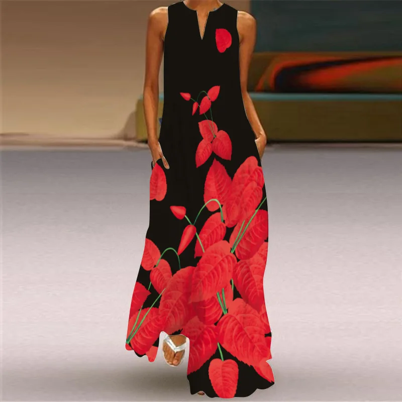 

Plus Size Spring Summer Long Dress Women Red Loose Sleeveless V-neck Flower Print Elegant Dresses Party Boho Beach Maxi Dress