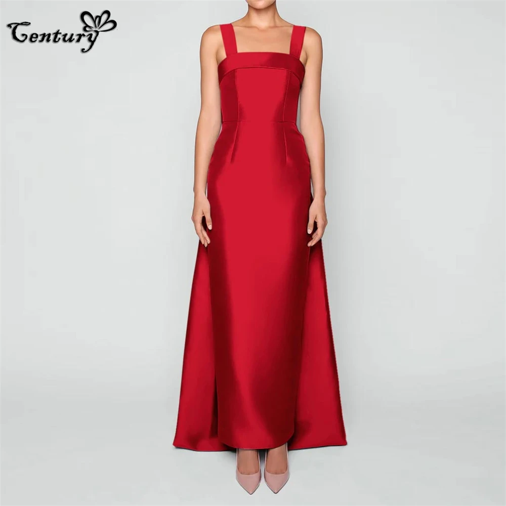 

Red Prom Dress 2023 Big Bow Detachable Train Straps Sheath Satin Evening Gowns Women Formal Dresses Robe De Soiree