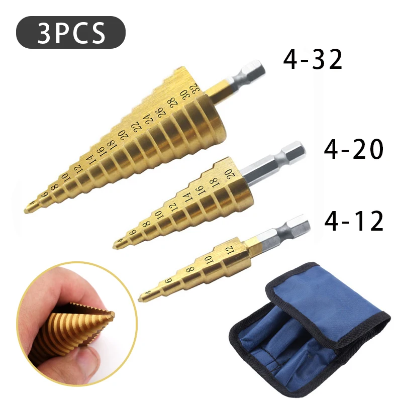 3pcs Cloth Bag Titanium Coated Metal Hex Core Drill Bits Hss Step Drill Bit Set Cone Hole Cutter Taper Metric 4 - 12 / 20 / 32mm