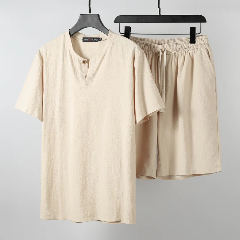 

Overweight Men's Clothing plus-Sized plus Size Cotton and Linen Chinese Style Short Sleeve Pants Suit Linen Fat GuyTT-shirt Two-