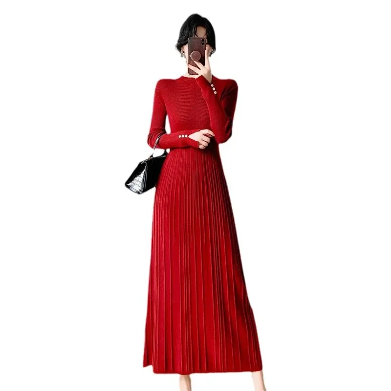 Осень/зима женское элегантное вязаное платье с высоким воротником до половины