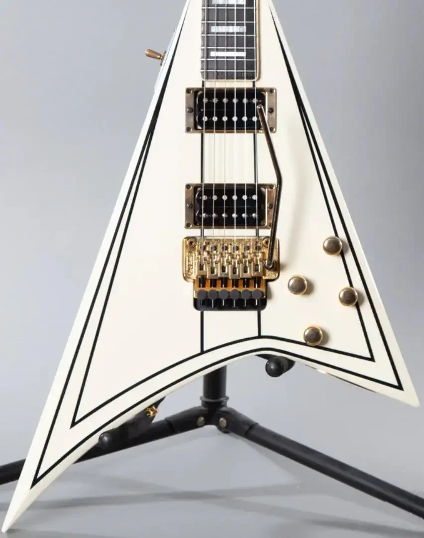 

Jack Randy Rhoads Concorde V Electric Guitar Floyd Rose Tremolo Bridge Whammy Bar White Black Line Gold Hardware Block Inlay