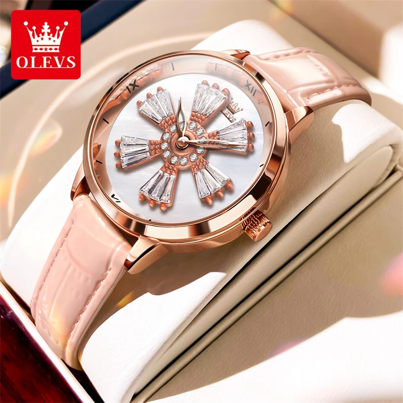 

OLEVS 5579 Waterproof Leather Strap Fashion New Ladies Wristwatch Bringing You Good Luck Quartz Rotating Flowers Watch For Women