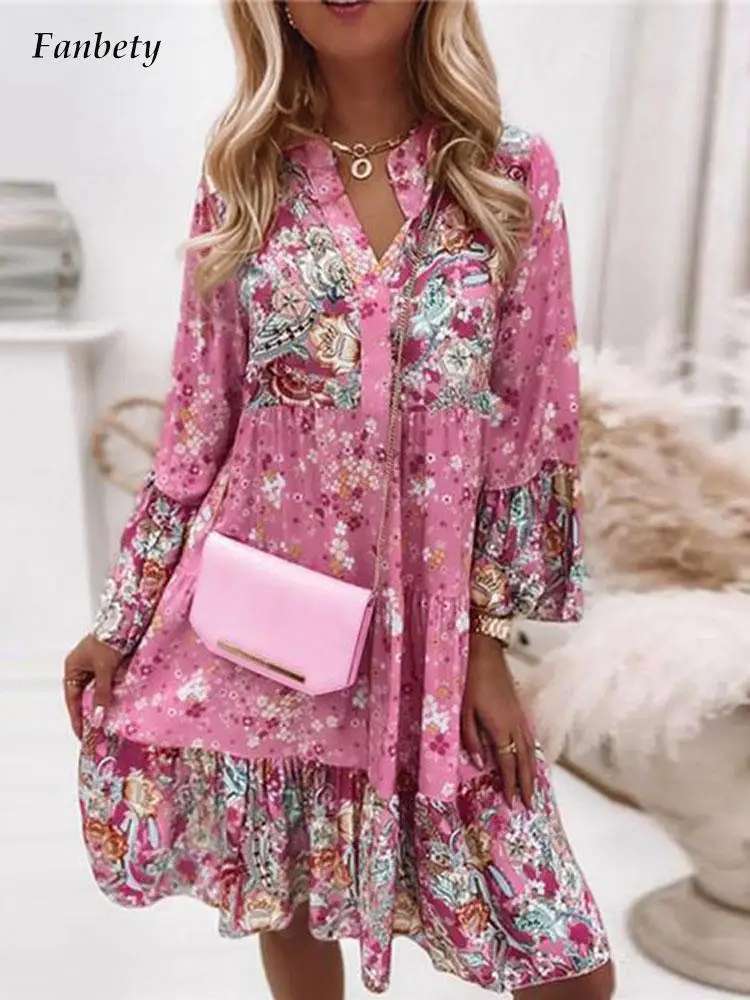 

Fashion Lady Summer Flare Sleeve Beach Dress Sexy V-Neck Ruffle Party Dresses Women Commute Casual Loose Dress Floral Vestidos