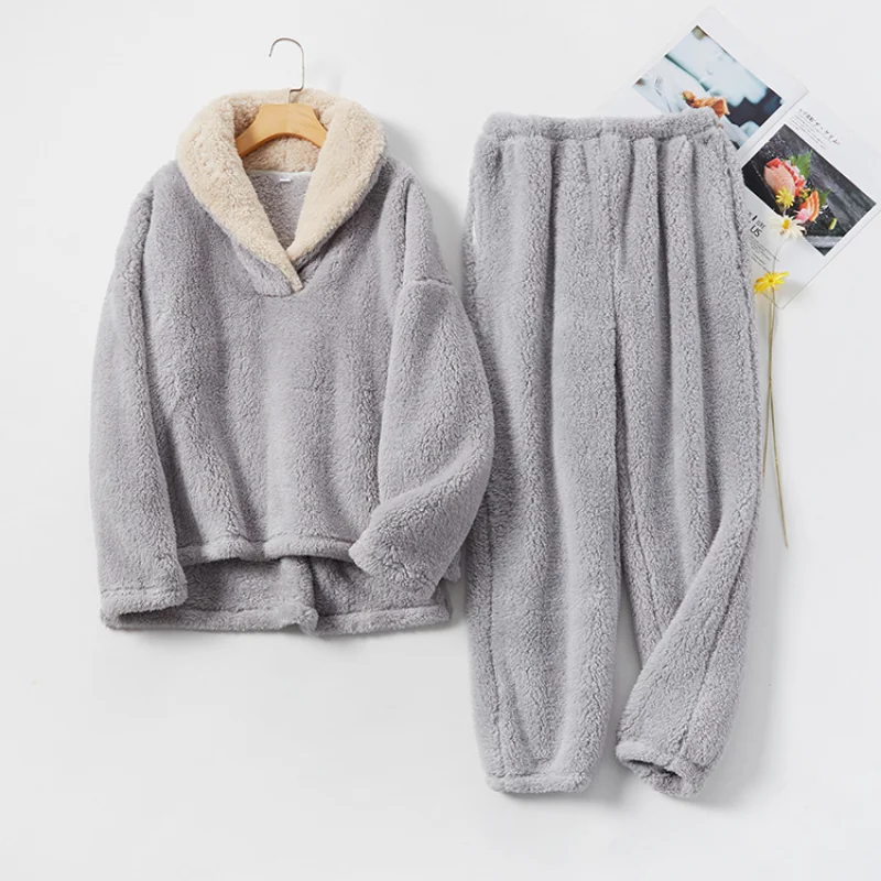 New Pajama Sets Women's Solid Long Sleeve Winter Woman Fluffy Pijama Suit with Pants Thick Warm Fleece Home Clothes for Female