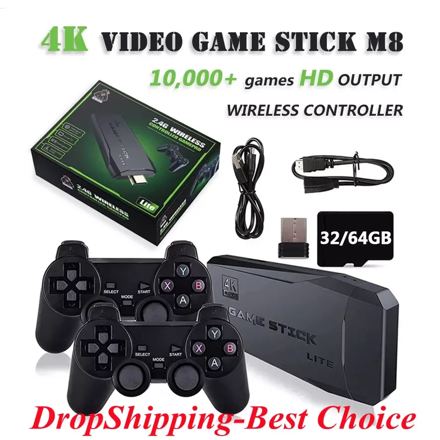 

Video Game Stick 4K M8 Console 2.4G Dual Wireless Controller HD 10000 Games 64GB Retro Sticks For PS1/GBA Xmas Gift Dropshipping