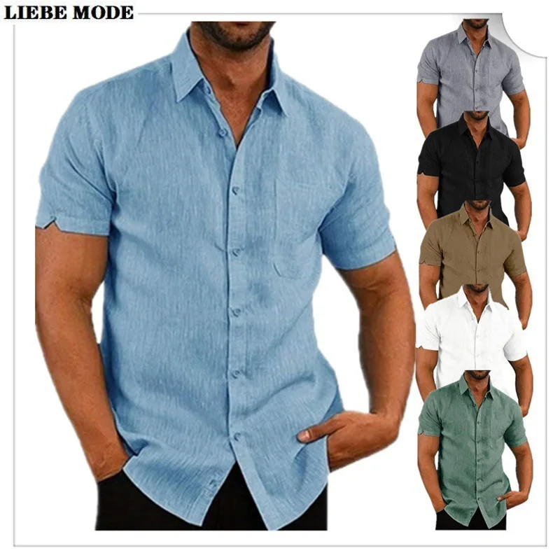 

Рубашка Мужская льняная с воротником на пуговицах, Повседневная Уличная одежда с коротким рукавом, пляжный топ, блузка с лацканами, Стандартный крой