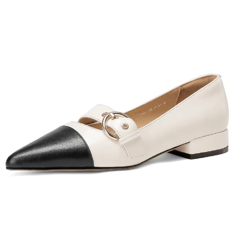 

Dilalula Elegant Women Pumps Metal Buckle Mixed Colors Pointed Toe Low Heels Genuine Leather Shoes Woman Spring Summer Office