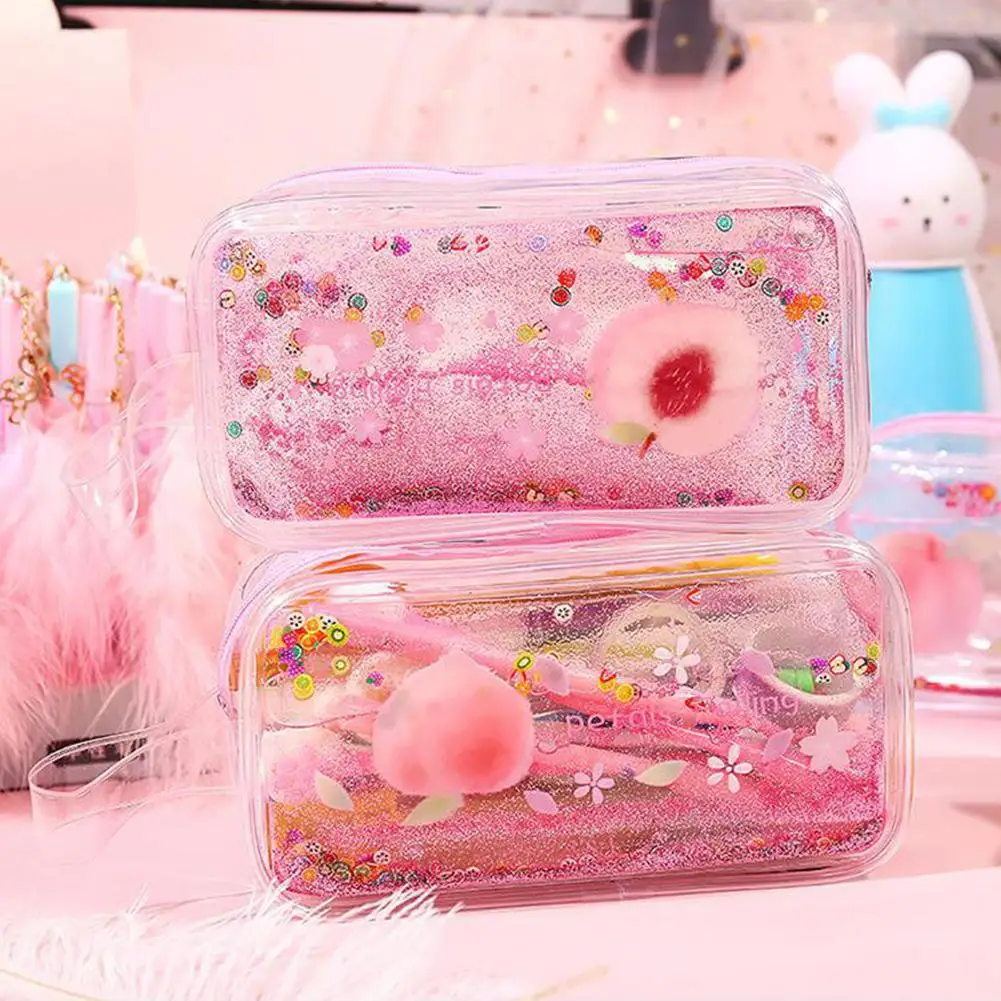 

Cute Cartoon Fruit Pattern Transparent Quicksand Pencil Pouch Large-capacity Stationery Supplies Storage Bag Kids Gifts