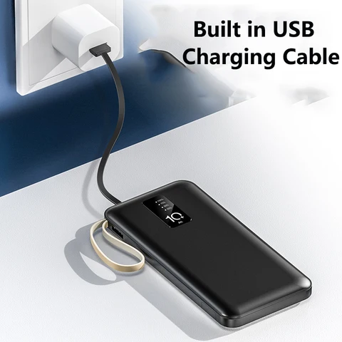 Внешний аккумулятор 20000 мАч со встроенным кабелем, портативное зарядное устройство, внешний аккумулятор для быстрой зарядки iPhone 14, Xiaomi Mi