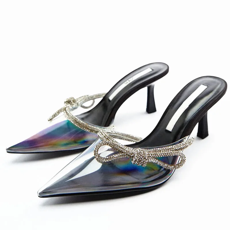 

2022 Spring new black rhinestone sequins high heels stiletto pointed toe back empty half slippers women women sandals