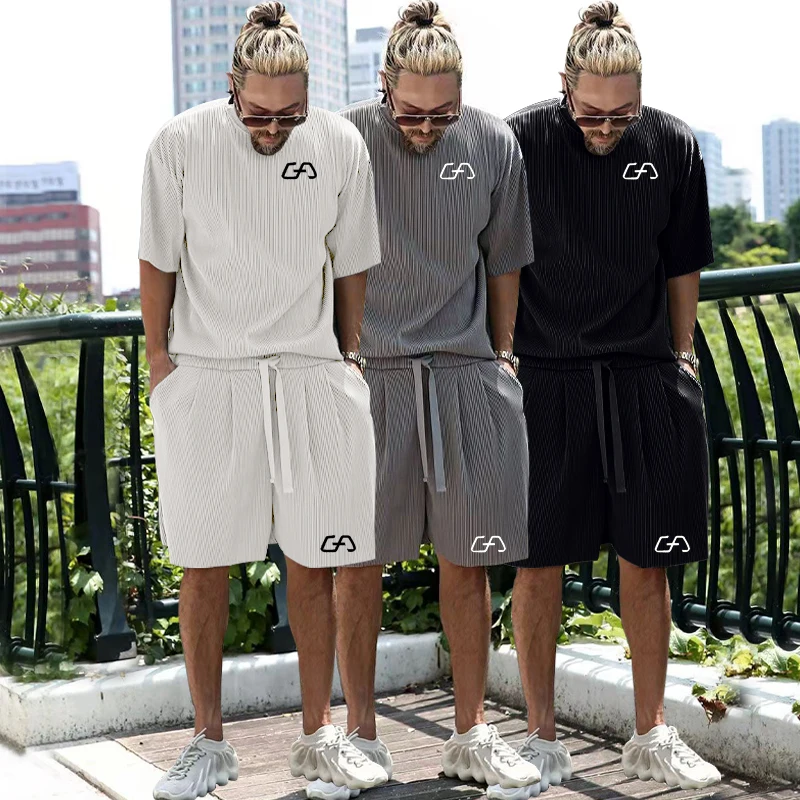 

2023 Summer Smooth Men's Set Printed Round Neck Casual Top+Sports Drawstring Elastic Waist Fitness Shorts Two Piece Set