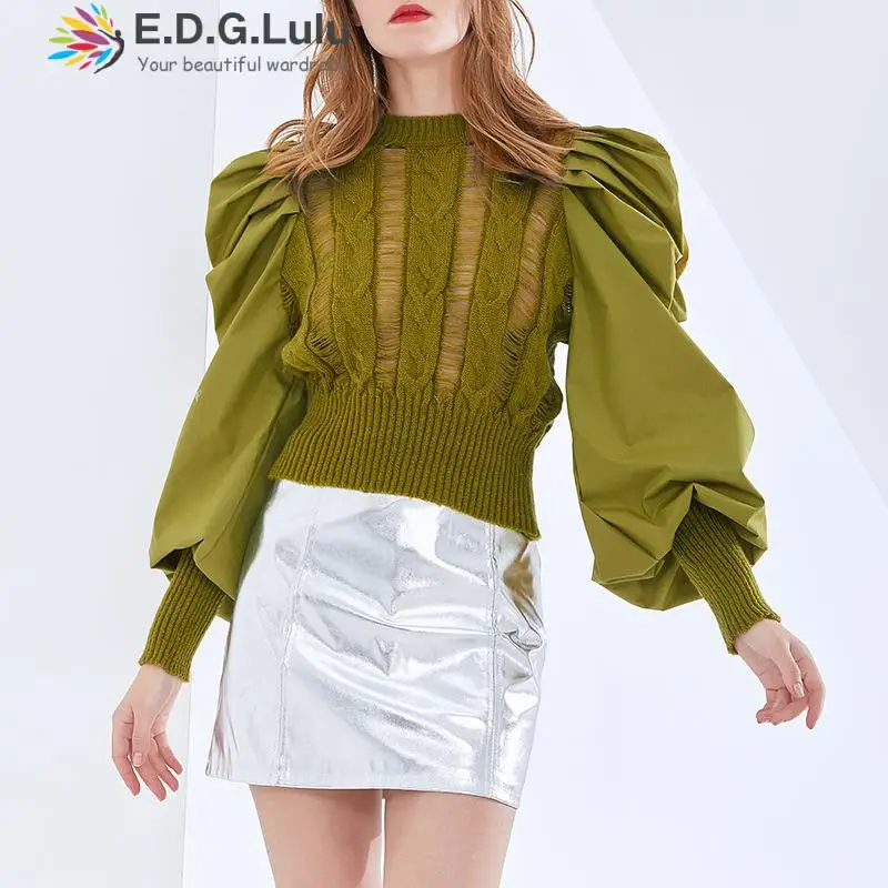 

EDGLuLu Korean Fashion O-neck Puff Sleeves Knitted Sweater Top Women's 2022 New Autumn Pullover Version Green Pink Sweater 0809